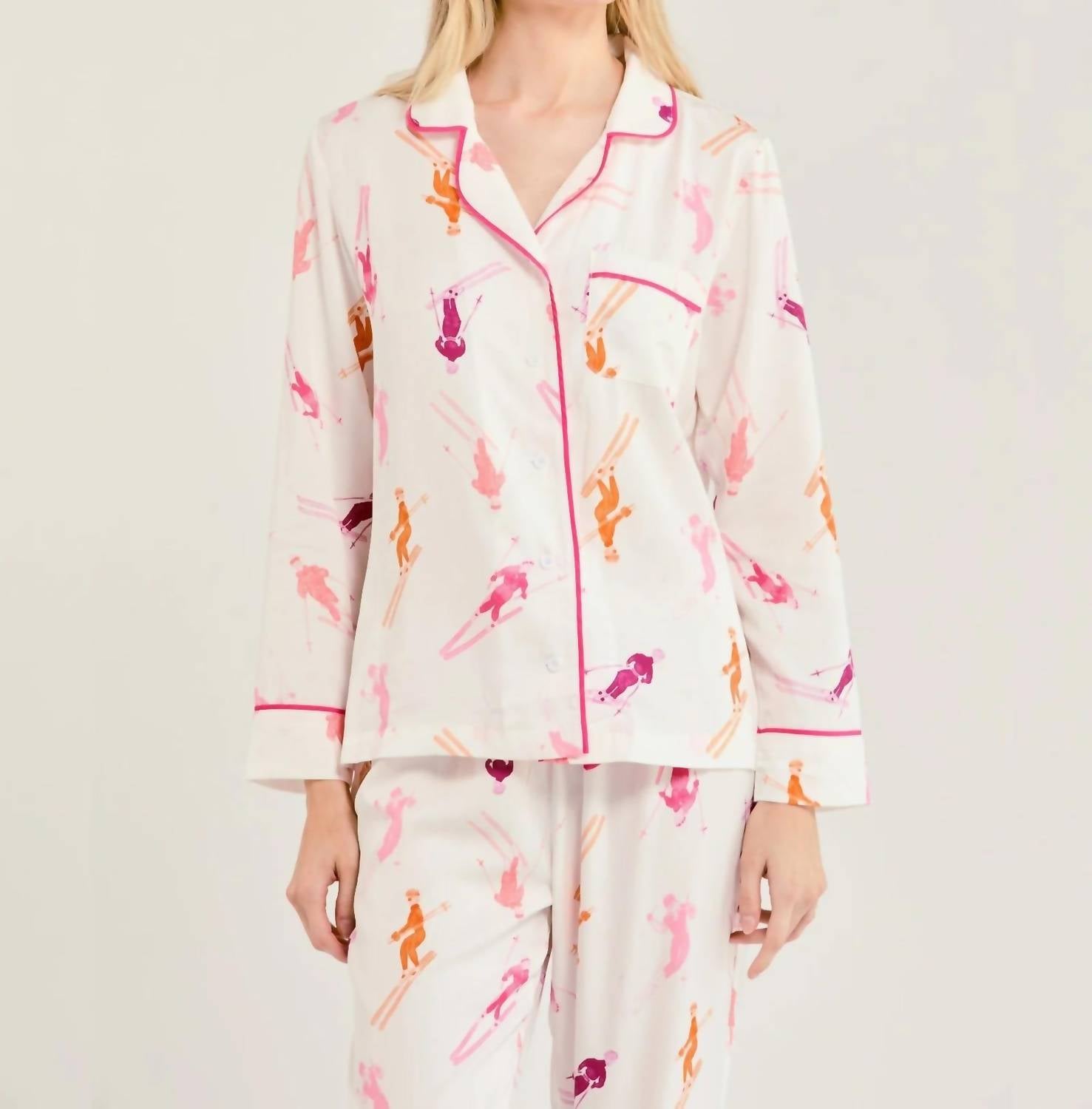 KATIE KIME Bluebird Day Long Sleeve Pajama Set in ski print - women's sleepwear - detail view