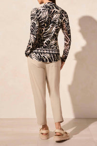 Tribal - Modern Palm Leaf Print Quarter Zip Long Sleeve Top