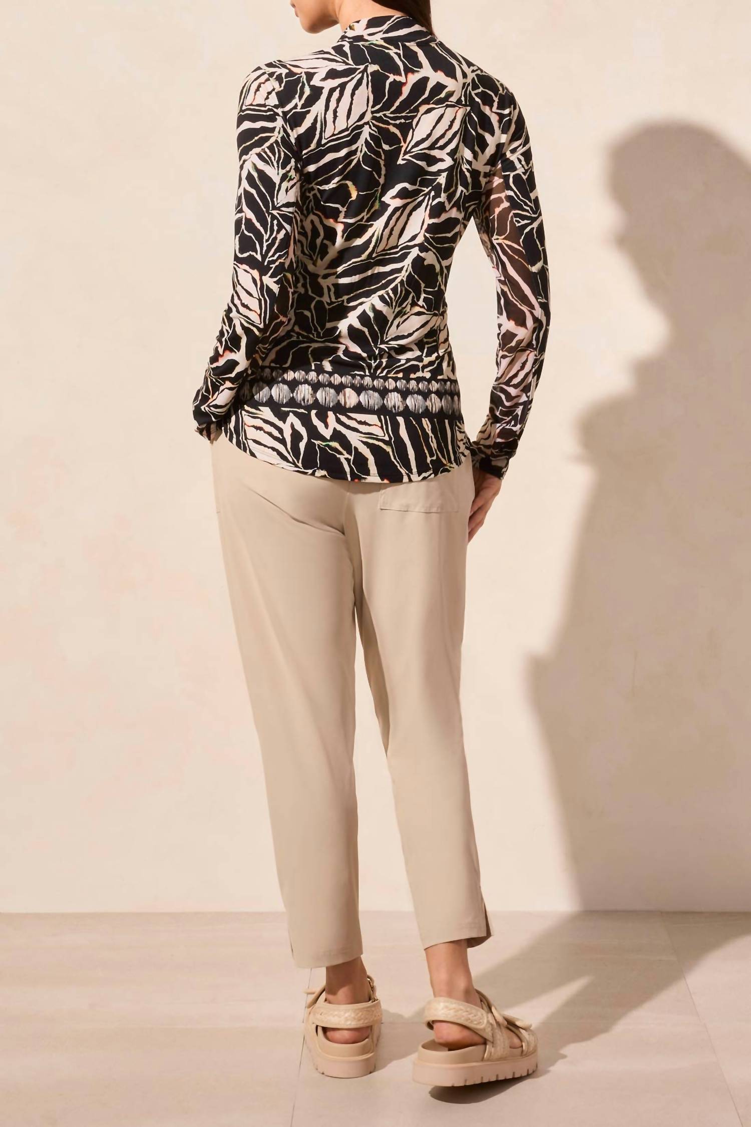 Tribal - Modern Palm Leaf Print Quarter Zip Long Sleeve Top