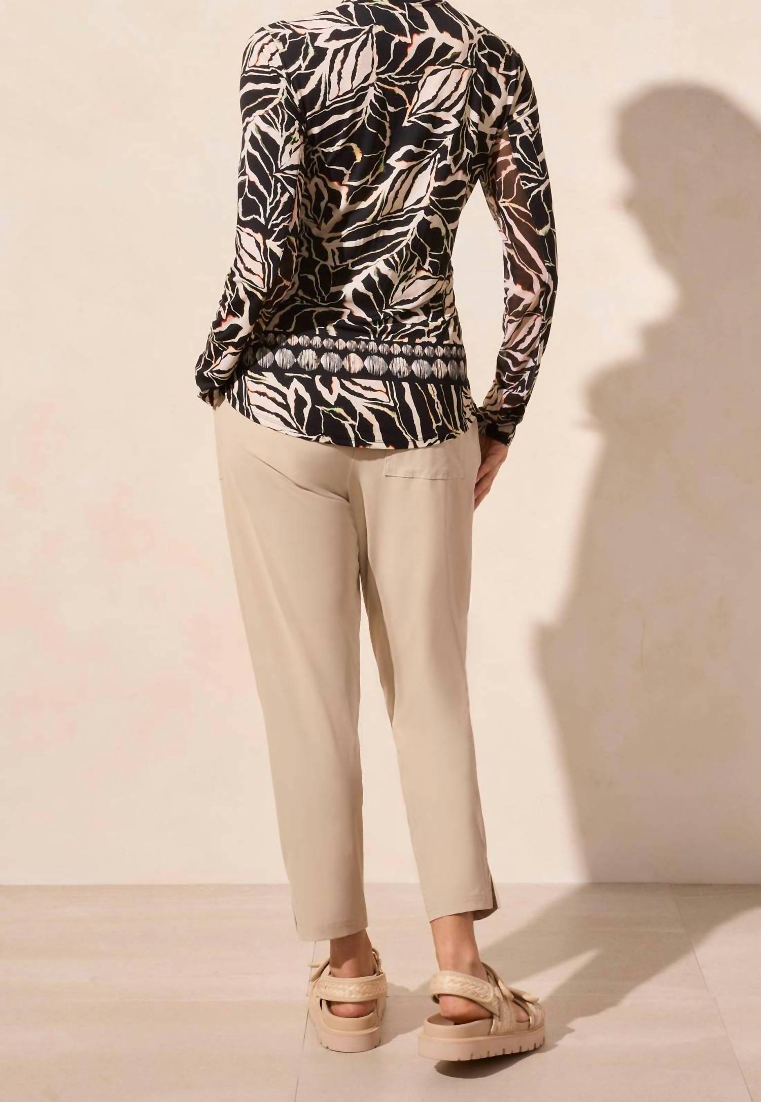 Tribal - Modern Palm Leaf Print Quarter Zip Long Sleeve Top
