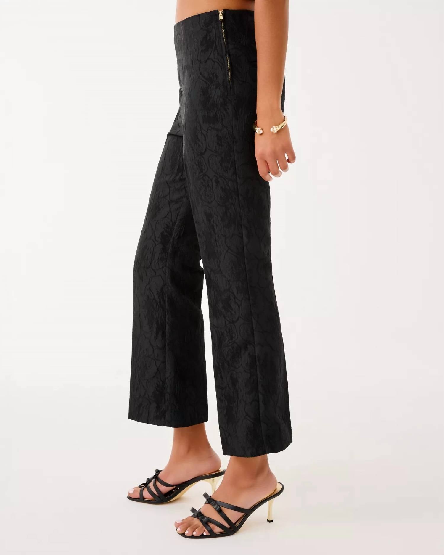 Lilly Pulitzer Jarrae High Rise Crop Flare Pants in noir exploded flower stretch jacquard - women's pants - detail view