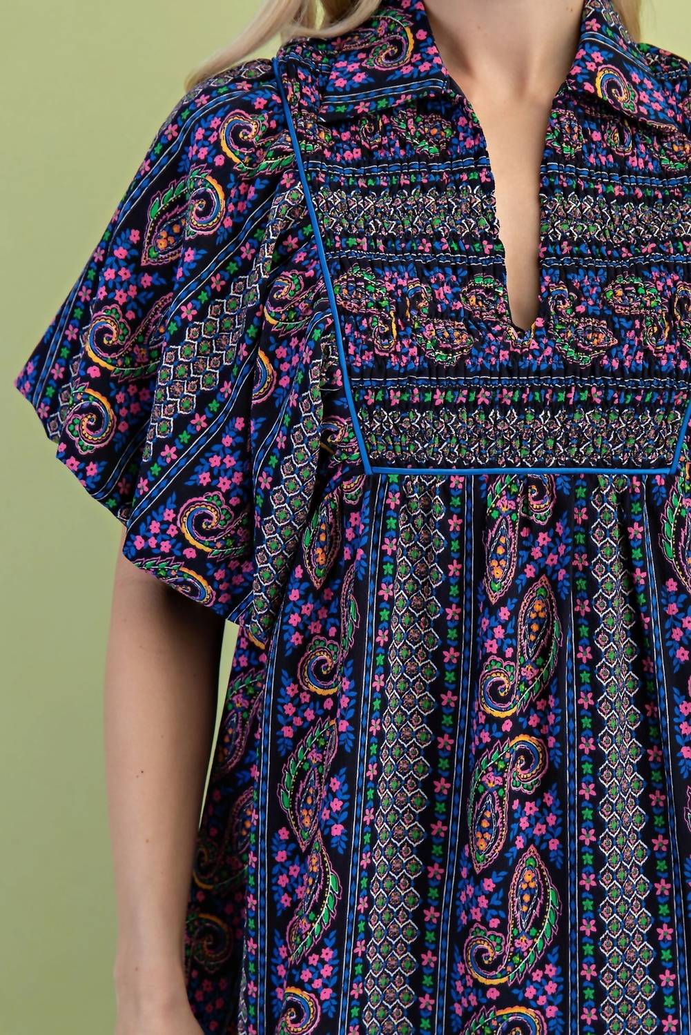 Gigio - Mixed Paisley Print Dress With A Smocked Front Yoke