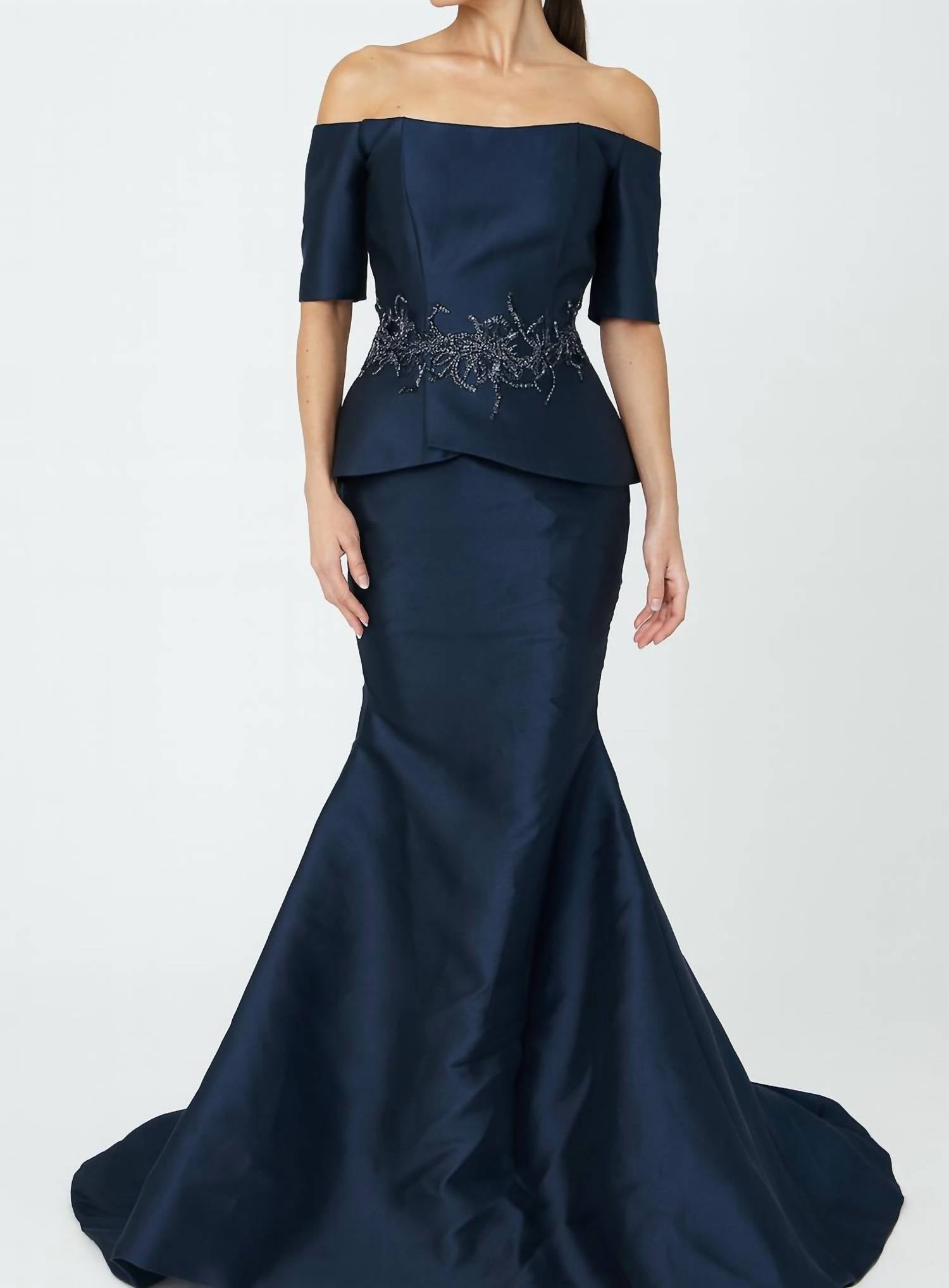 Park108 - Off-shoulder Embellished Peplum Mermaid Gown