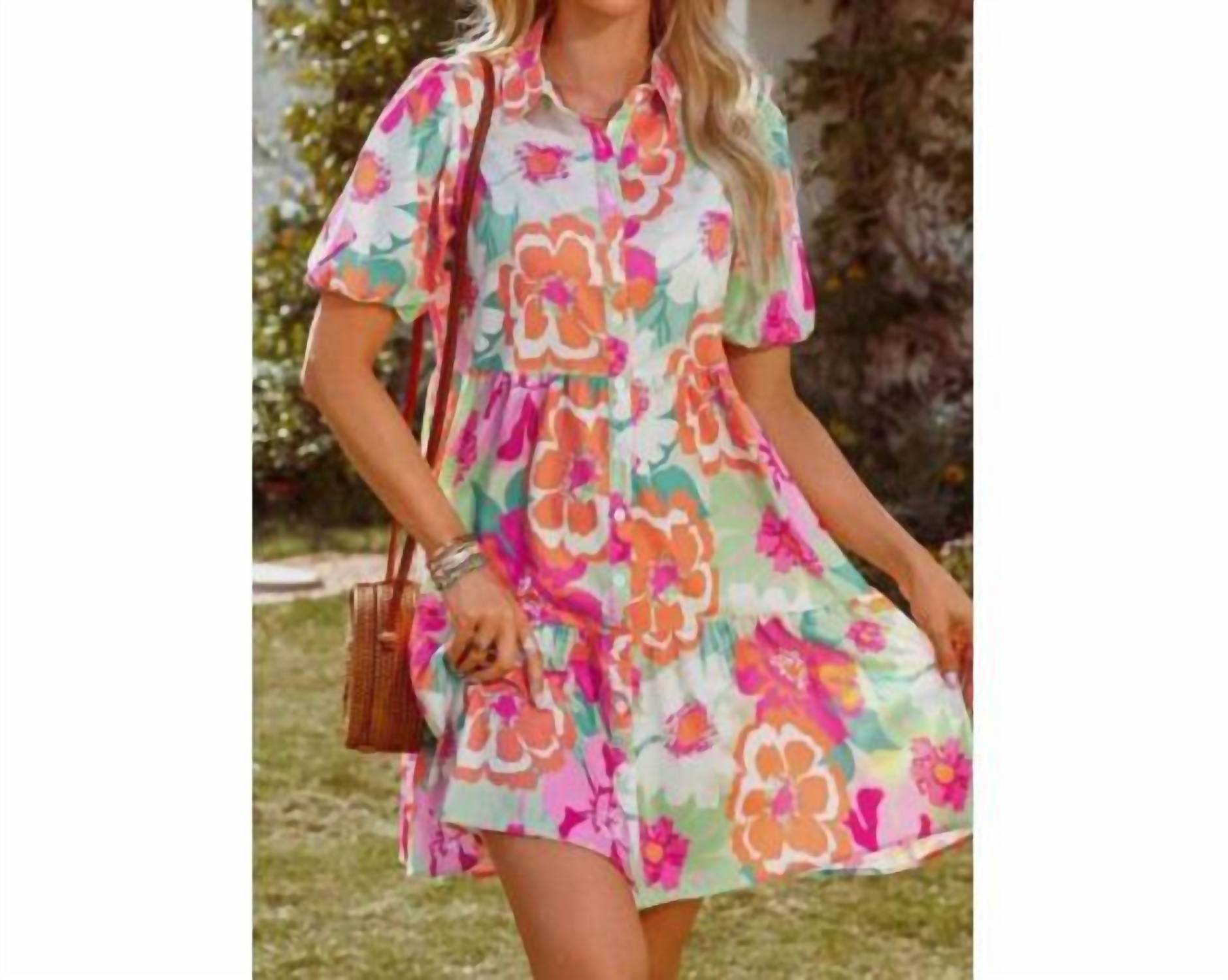 fashionworks Vibrant Floral Puff Sleeve Tiered Mini Dress in multicolor - women's dress