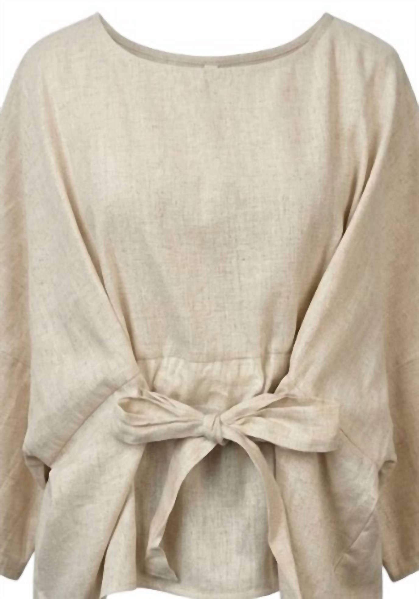 P.CILL Women's Luxe Linen Tie-front Blouse in natural - women's blouse - detail view