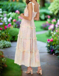 Fate Tiered Maxi Dress With Tie Straps in yellow multi floral patchwork - women's dress - detail view