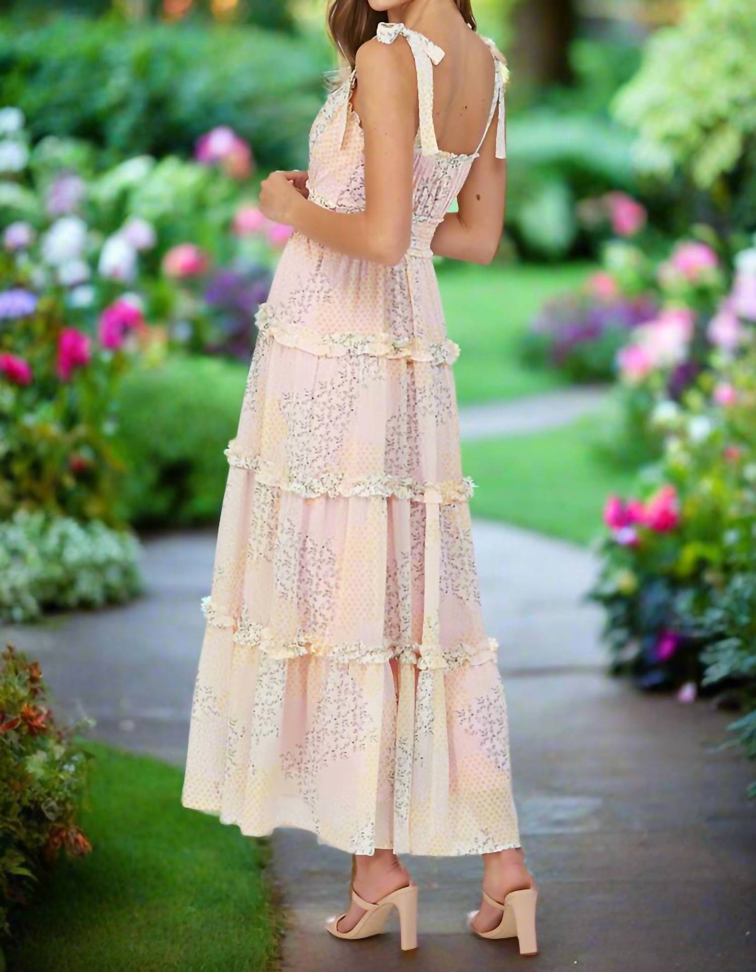 Fate Tiered Maxi Dress With Tie Straps in yellow multi floral patchwork - women's dress - detail view