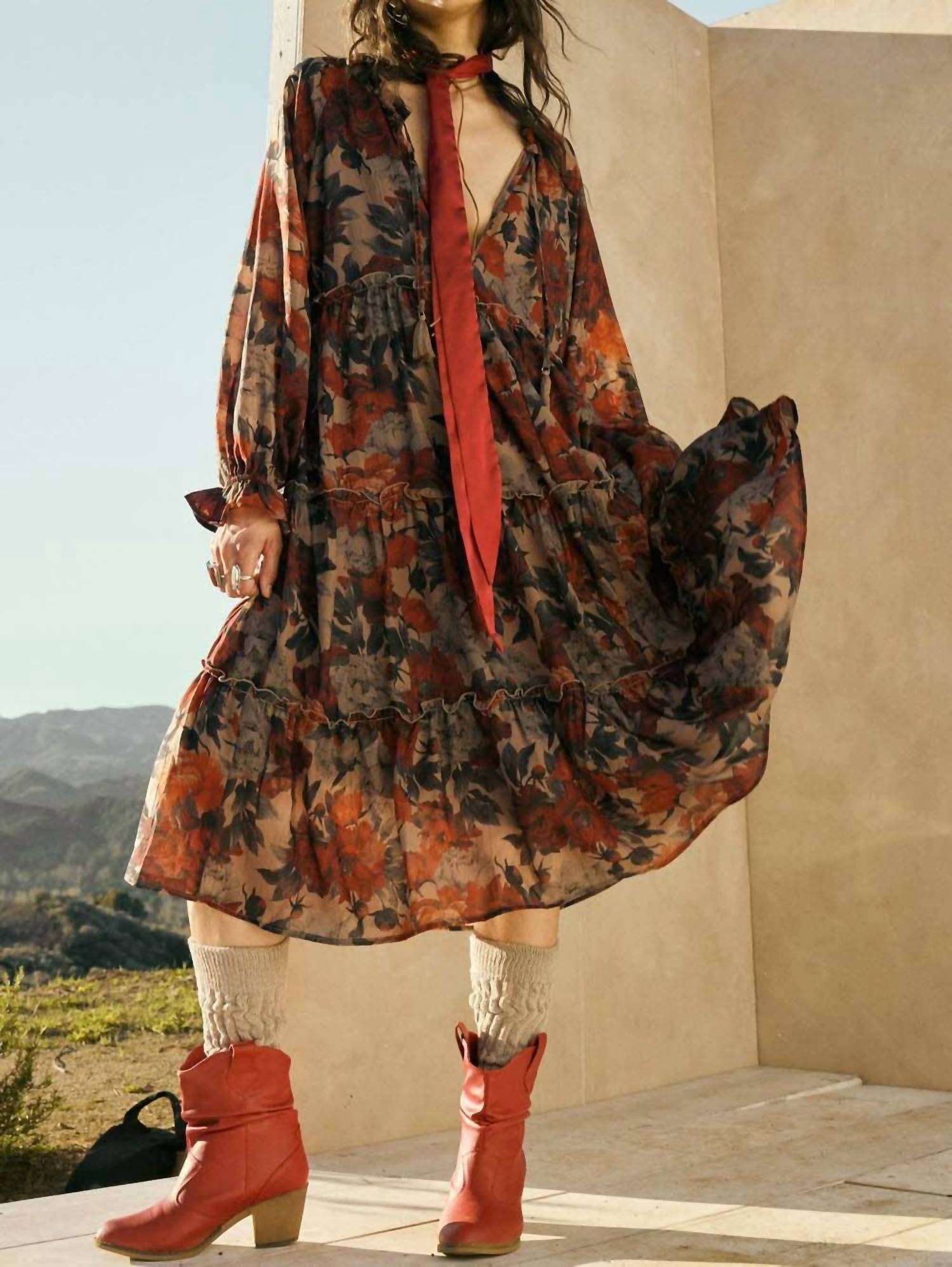 Promesa - Floral-print Tiered Ruffle Long-sleeve Midi Dress