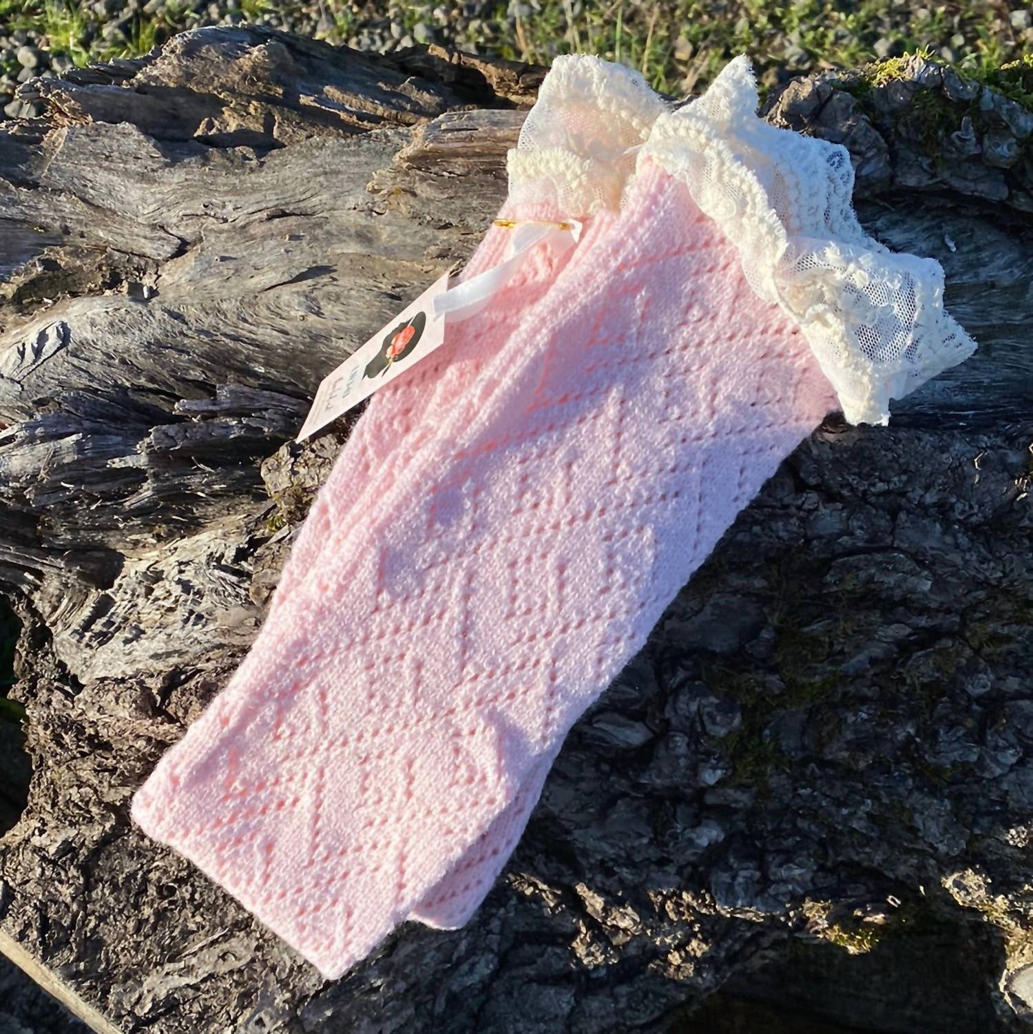 three bird nest Women's Lace Trimmed Leg Warmers in pink - women's accessory - alternate view