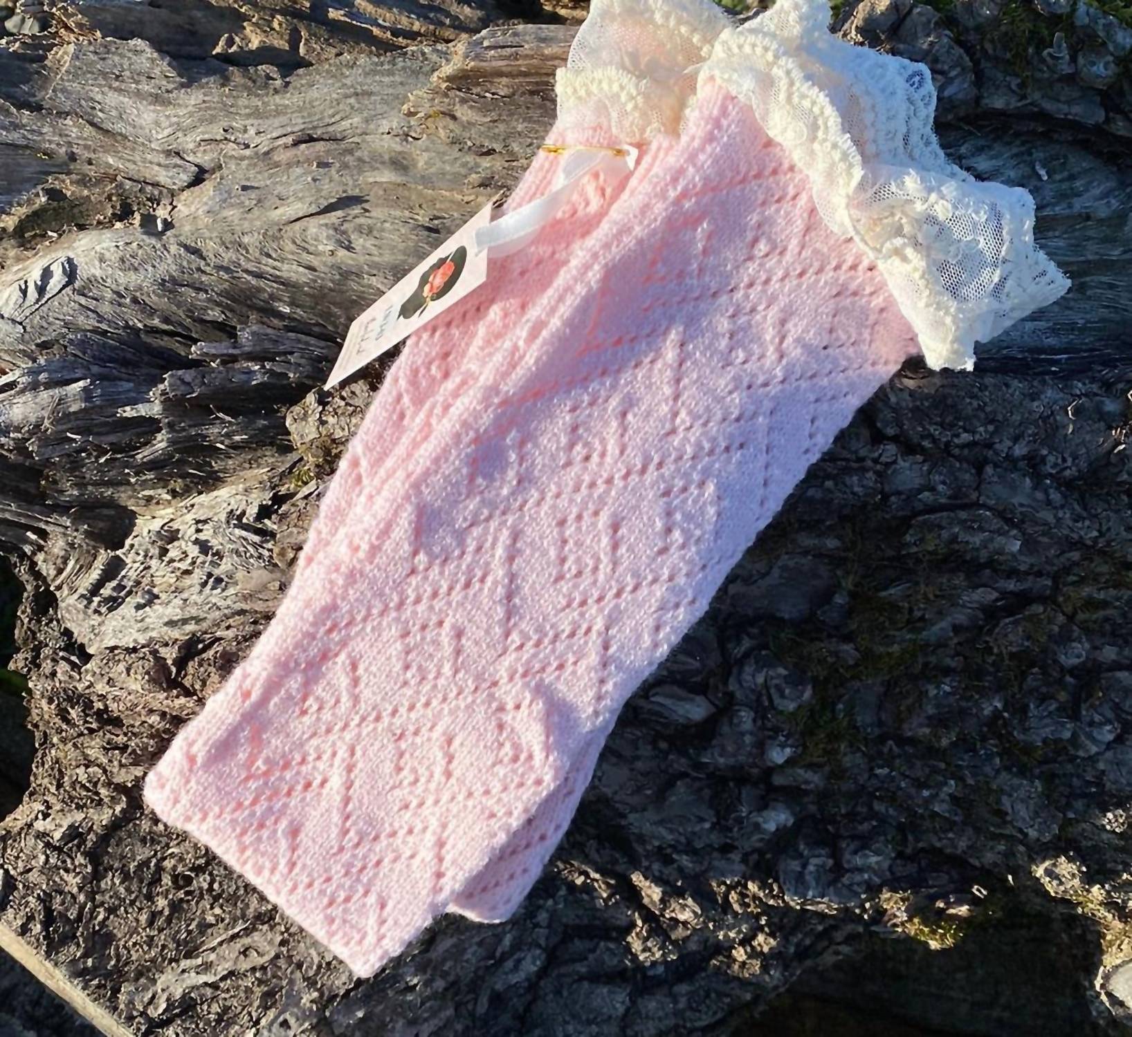 three bird nest Women's Lace Trimmed Leg Warmers in pink - women's accessory - detail view