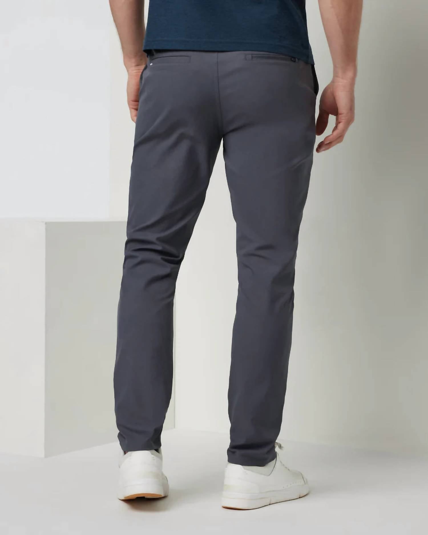 Vuori Cascade Tech Chino Pant in charcoal - men's pants - detail view