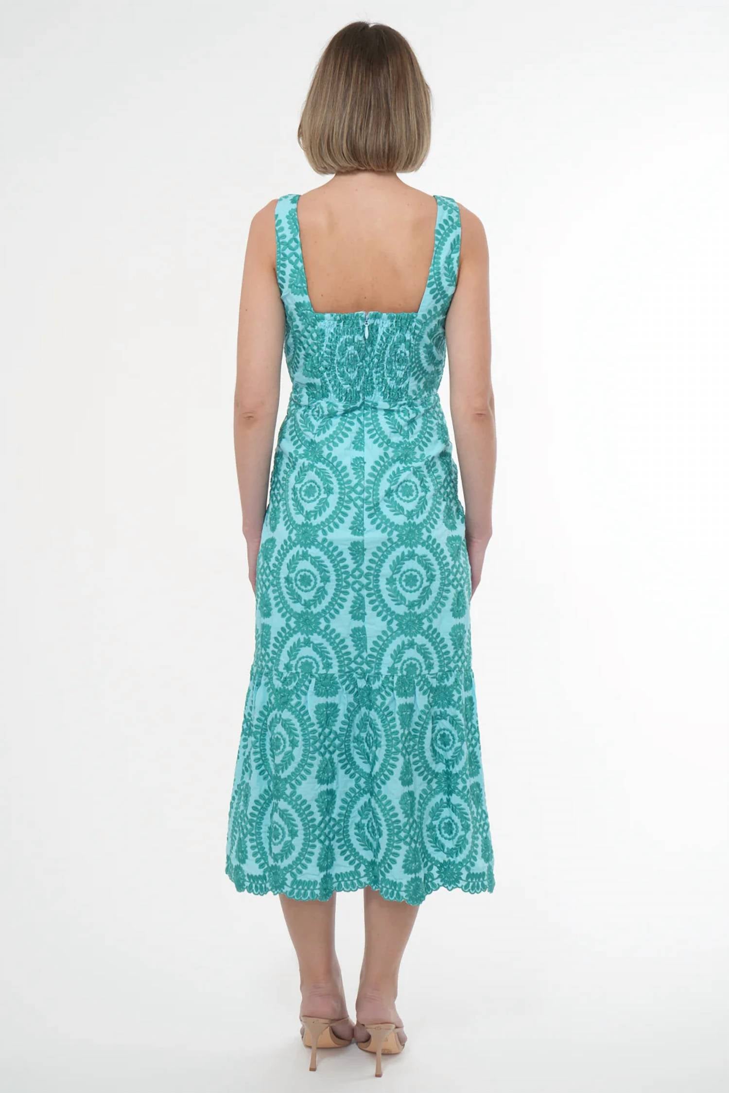 adelyn rae Rose Cotton Eyelet Embroidered Midi Dress in blue green - women's dress - detail view
