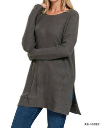 Zenana - Women's Brushed Thermal Waffle Round Neck Sweater