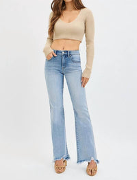 Risen - Tummy Control Mid Rise Flare Jean with Frayed Hem