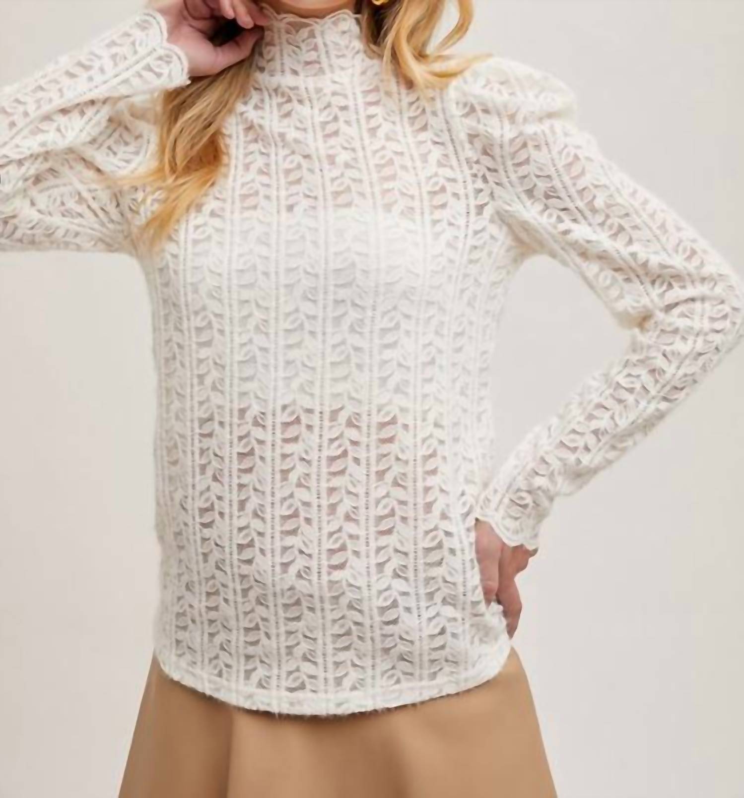 Bluivy - Mock Neck Sheer Lace Top - Ivory
