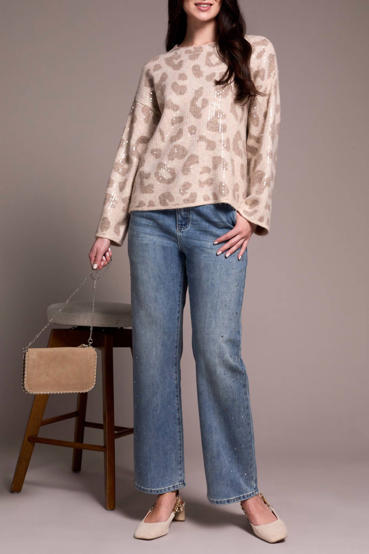 TRIBAL Long Sleeve Crewneck Sequined Sweater - Plus in sandstone - women's sweater