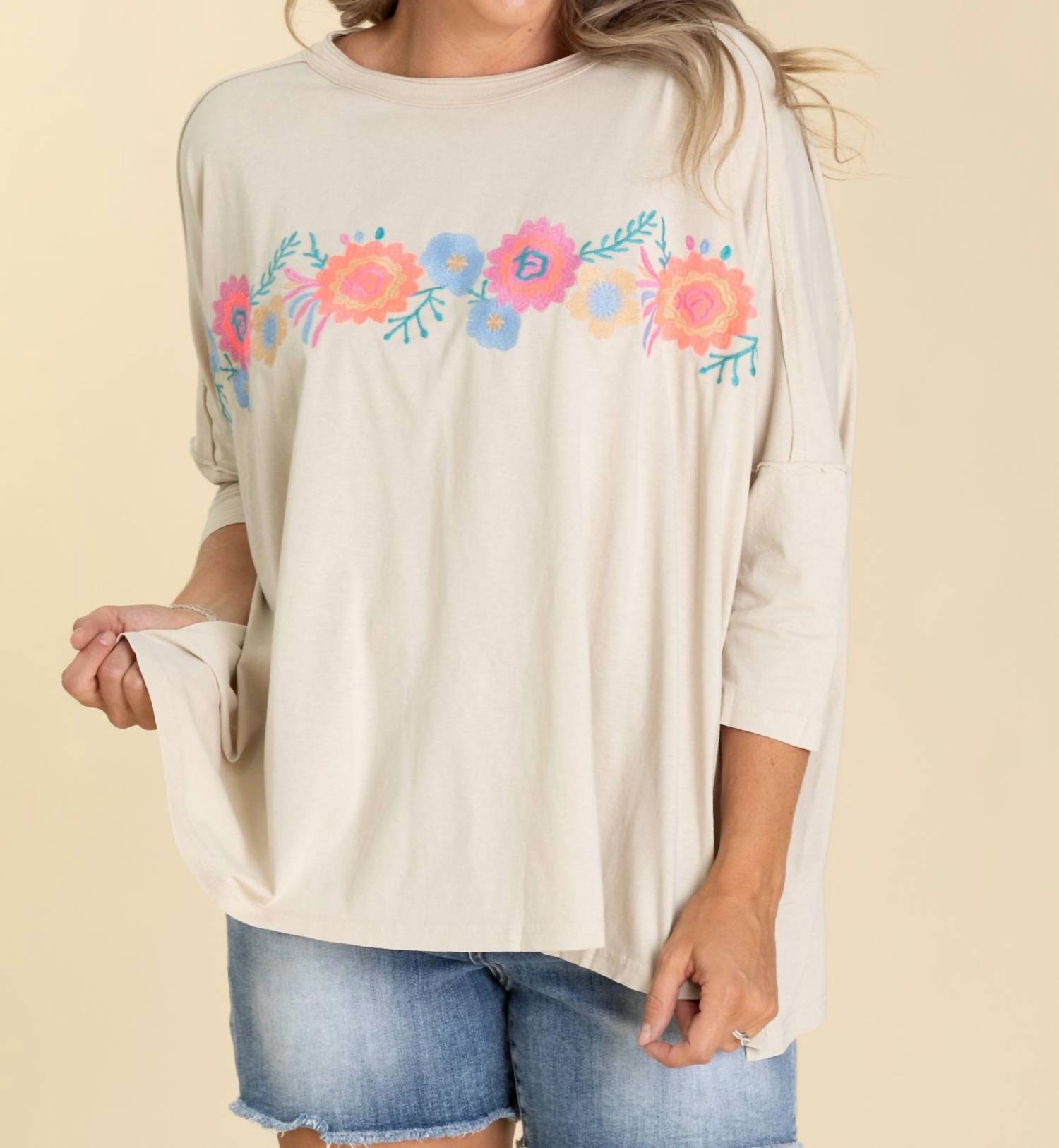 Easel - Floral Embroidered Jersey Tee