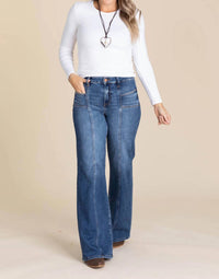 Risen - Mid Rise Front Patch Pockets Wide Jeans