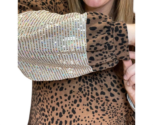 Honeyme - Leopard Sequin Sleeve Sweater