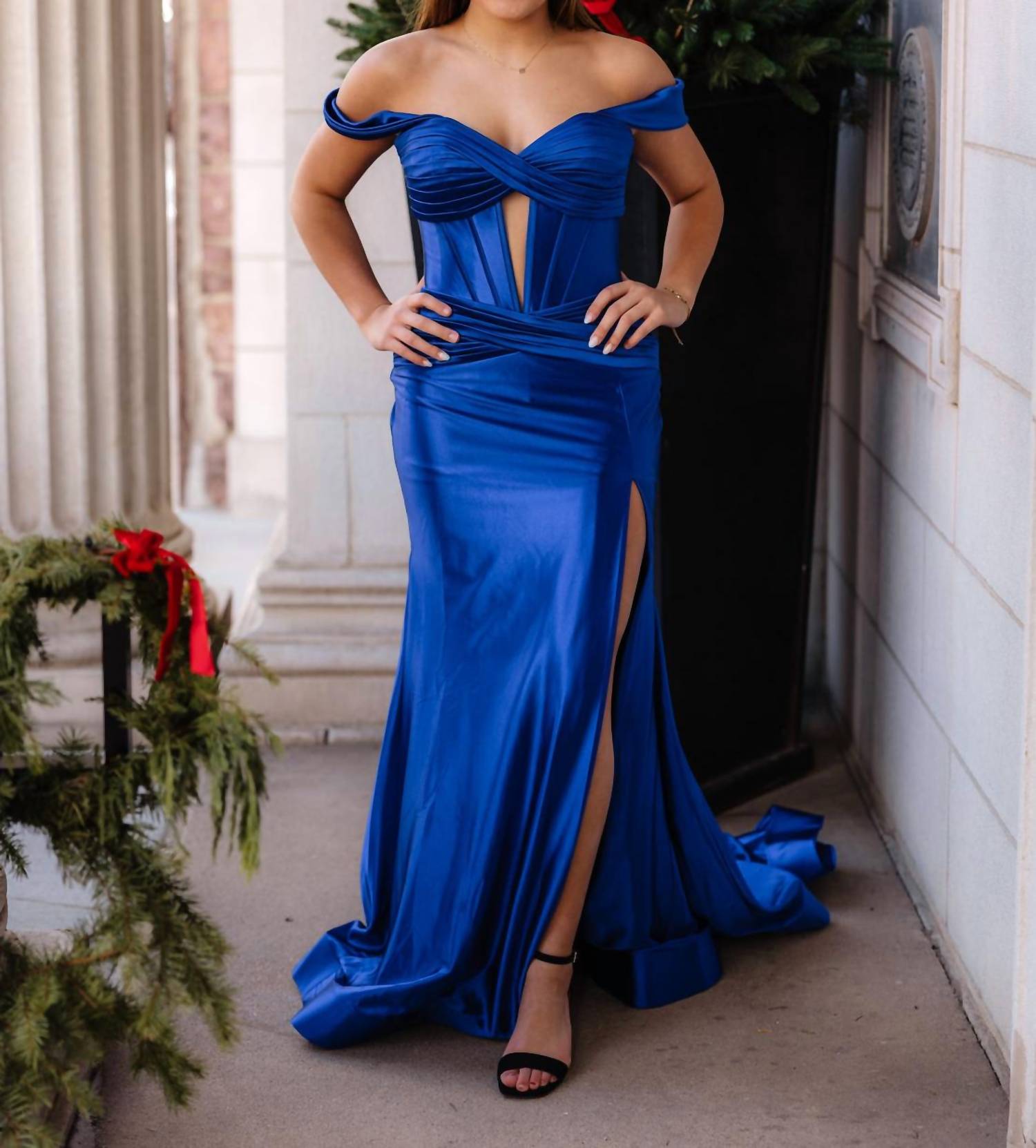 Sherri Hill Off The Shoulder Stretch Satin Prom Dress in royal - women's dress - alternate view