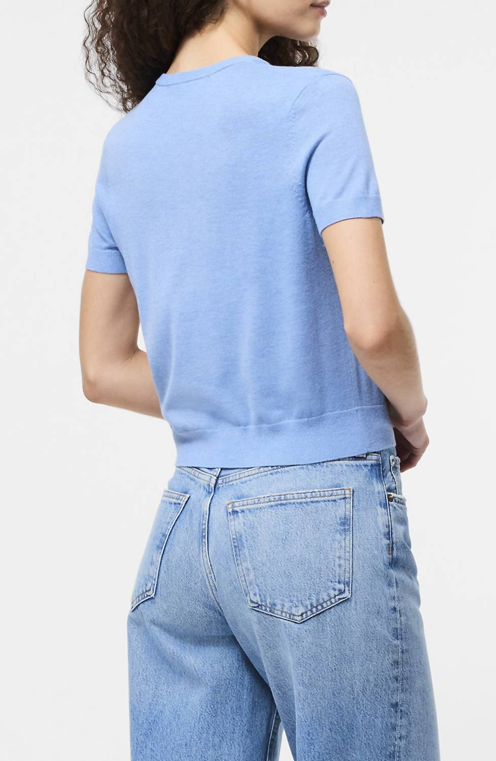 FRENCH CONNECTION Nola Fine Knit Short Sleeve Top in thistle blue - women's sweater - detail view