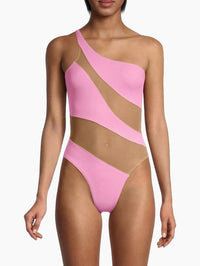 NORMA KAMALI Mio Mesh Cut Out One Shoulder Swimsuit in candy pink - women's swimwear