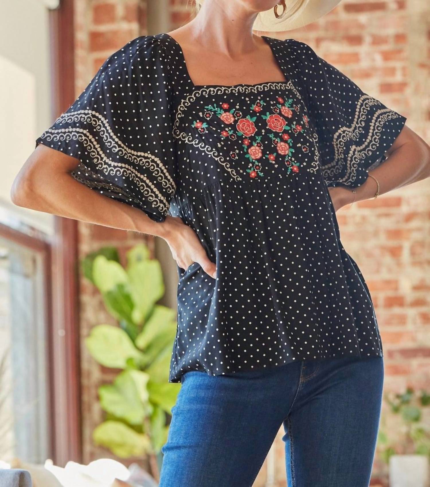 Andree By Unit - Embroidered Polka Dot Top