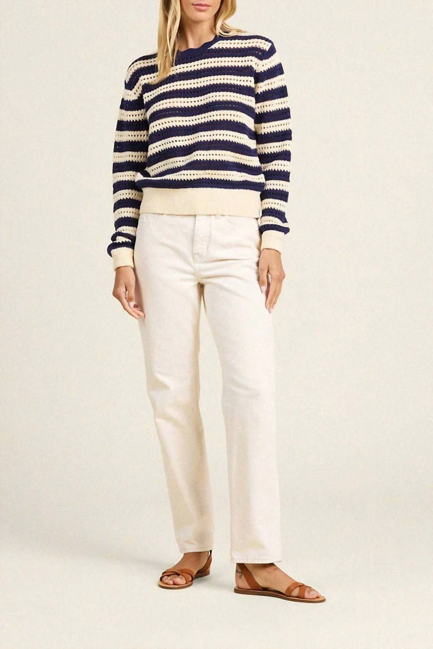 TROVATA Lightweight Ryann Sweater in crisp navy cream stripes - women's sweater