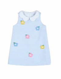 Florence Eiseman - Kid's Stripe Birdseye Pique Dress With Petal Collar And Flowers