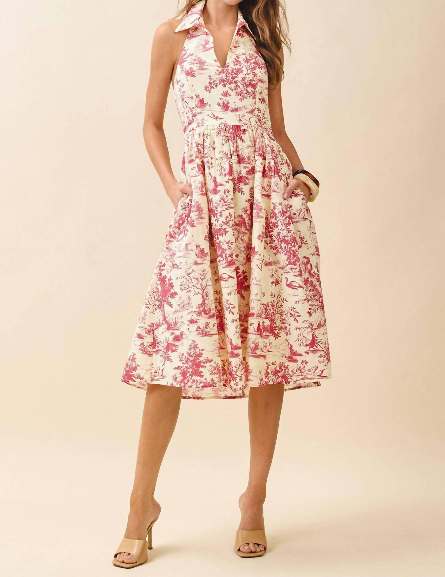 Pretty Follies Abstract Print V-neck Halter Midi Dress in burgundy - women's dress