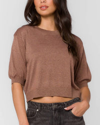 Velvet Heart Fendy Short Sleeve Crop Top in brown - women's t-shirt - detail view