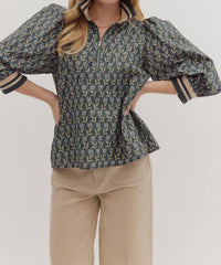 entro Floral Puff Sleeve Zip Top in midnight - women's blouse - view 4