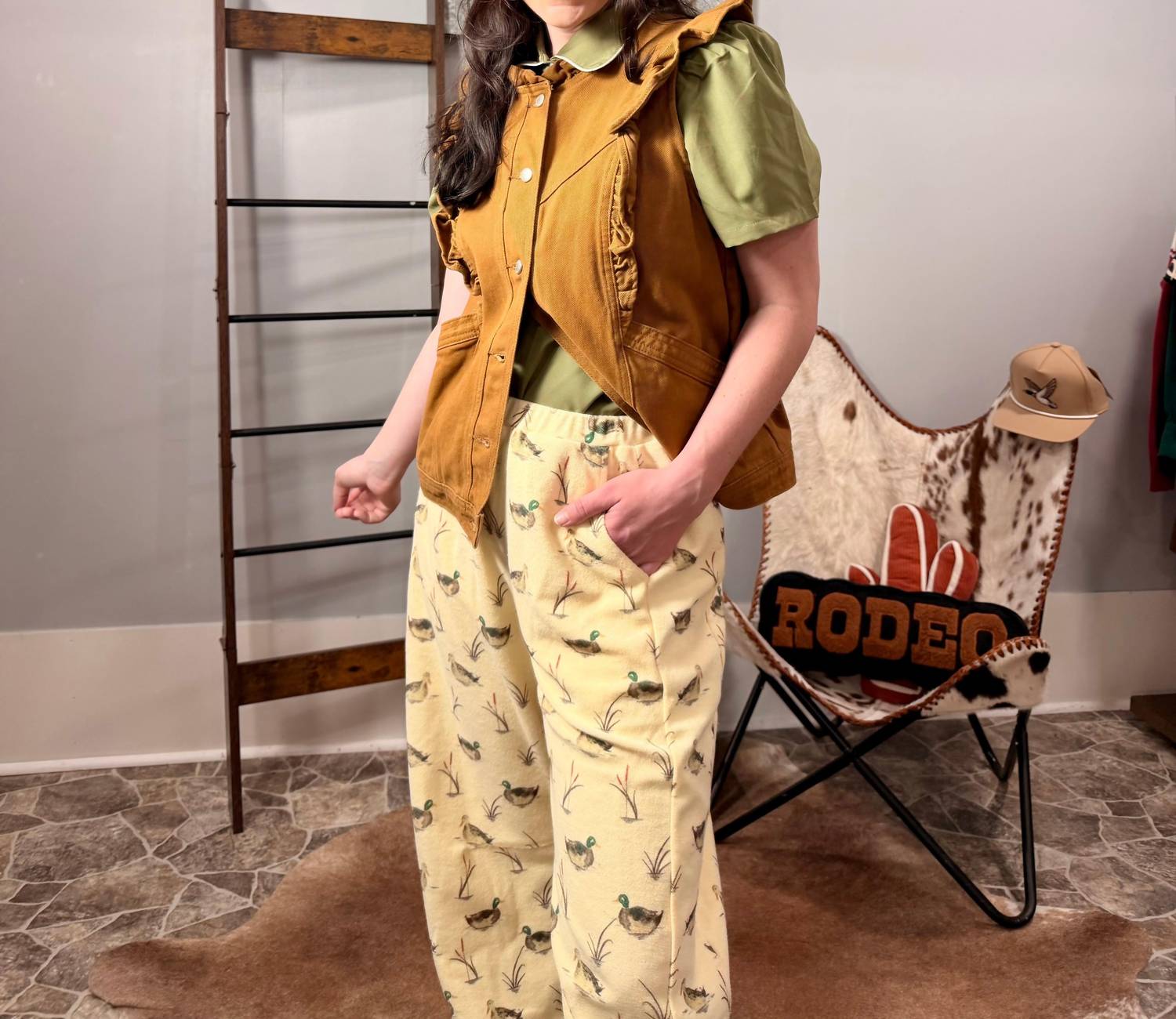 Listicle Morgan Ruffle Vest in camel - women's tank top - detail view