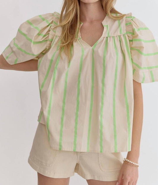 Entro - Striped Ruffle Trim Shoulder Top