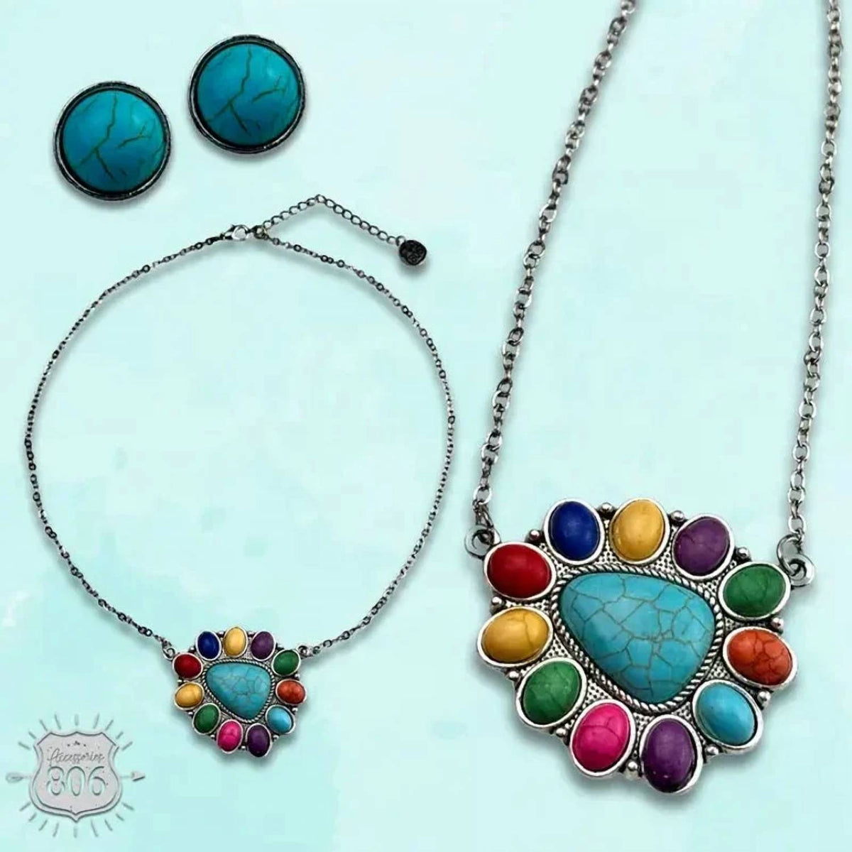 Pink Panache - Women's Stone Triangle Necklace & Stud Earring Set
