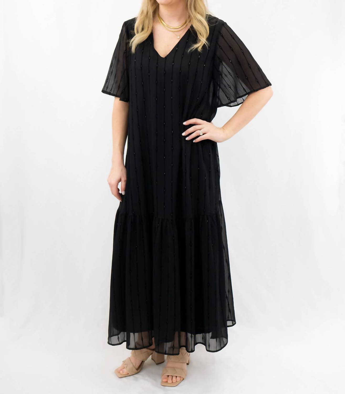 ADRIENNE Velvet Flutter Sleeve Maxi Dress in black - women's dress