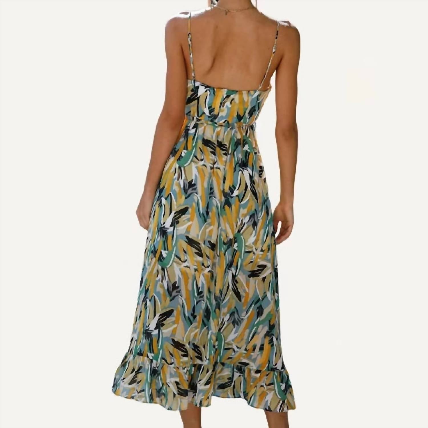 The Moment Collection - Pattern V Neck Spaghetti Straps Midi Dress