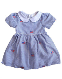 Piping Prints - Girl's Seersucker With American Flags Pan Collar Dress