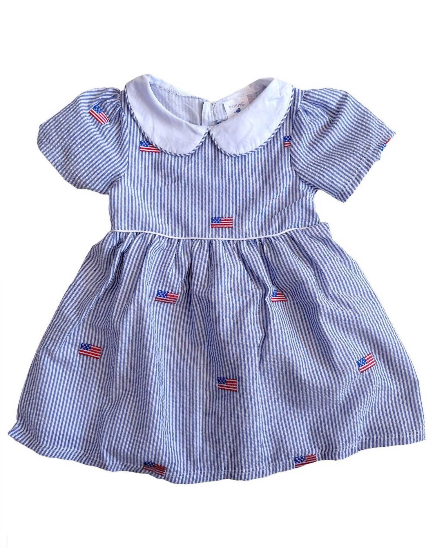 Piping Prints - Girl's Seersucker With American Flags Pan Collar Dress