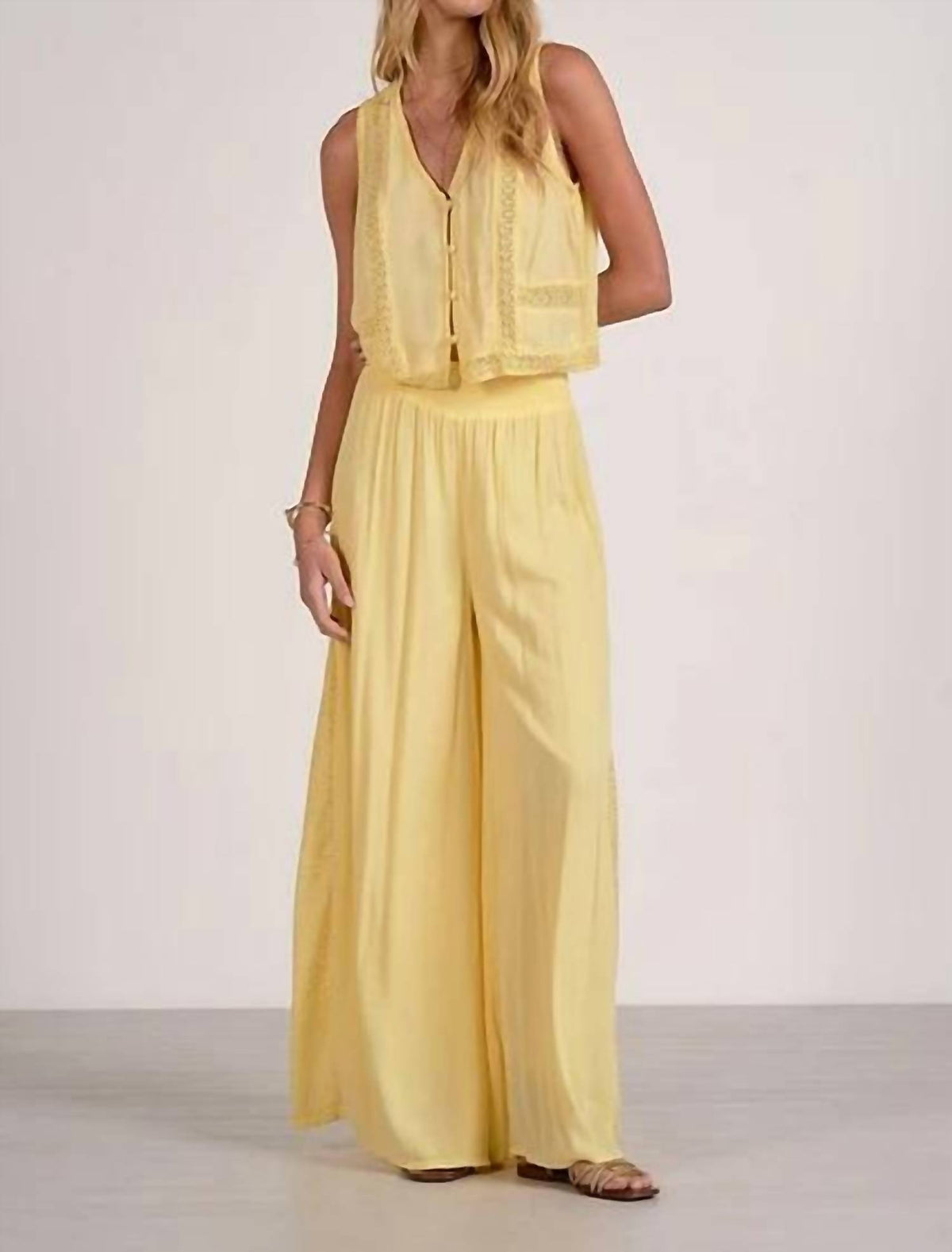 Elan - Sleeveless Top And Embroidered Wide Leg Pant Set