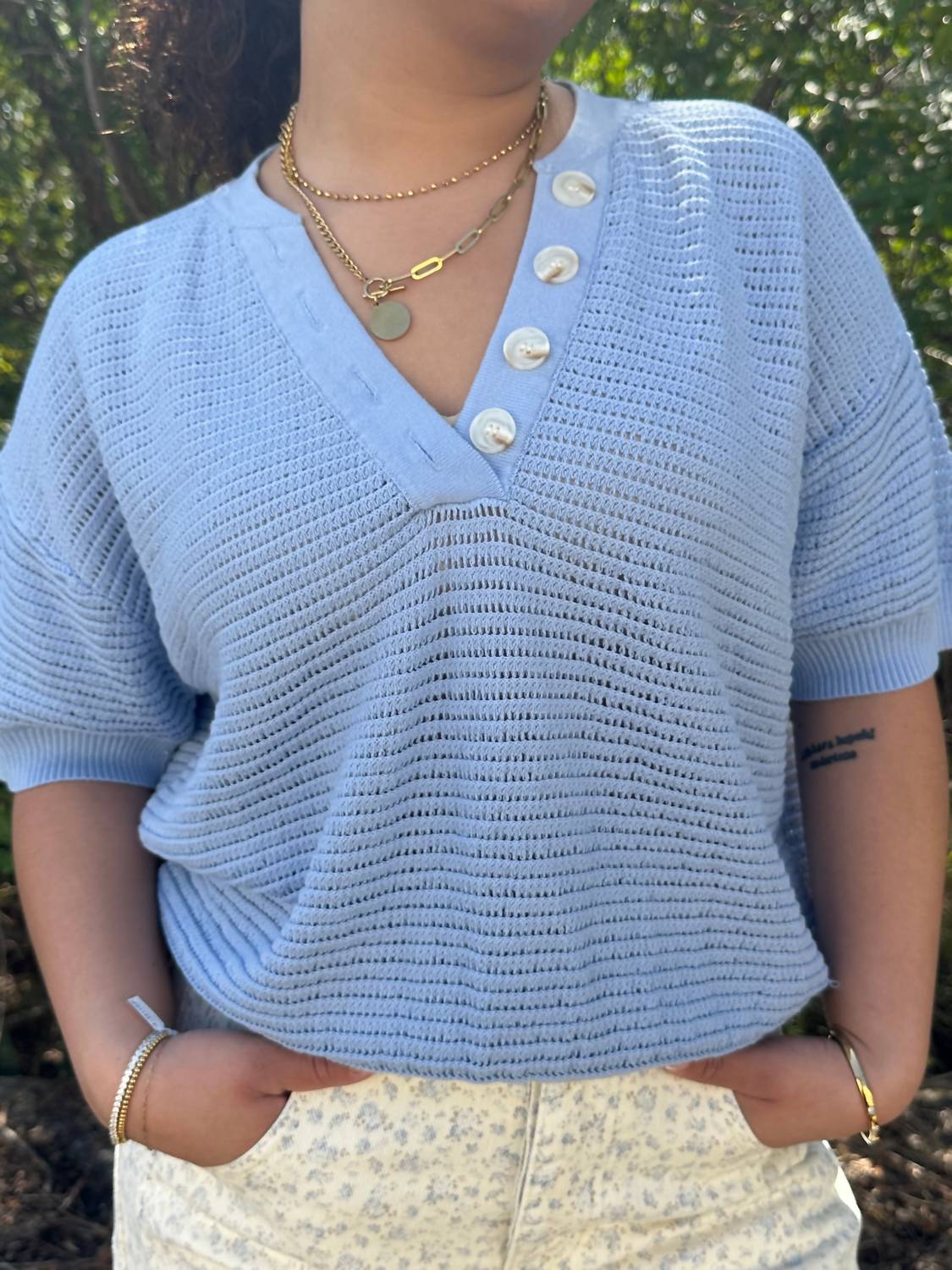 Stitch & Co. - Short Sleeve Textured V Neck Woven Top