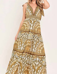 Flying Tomato - Boho Paisley Tie Shoulder Maxi Dress