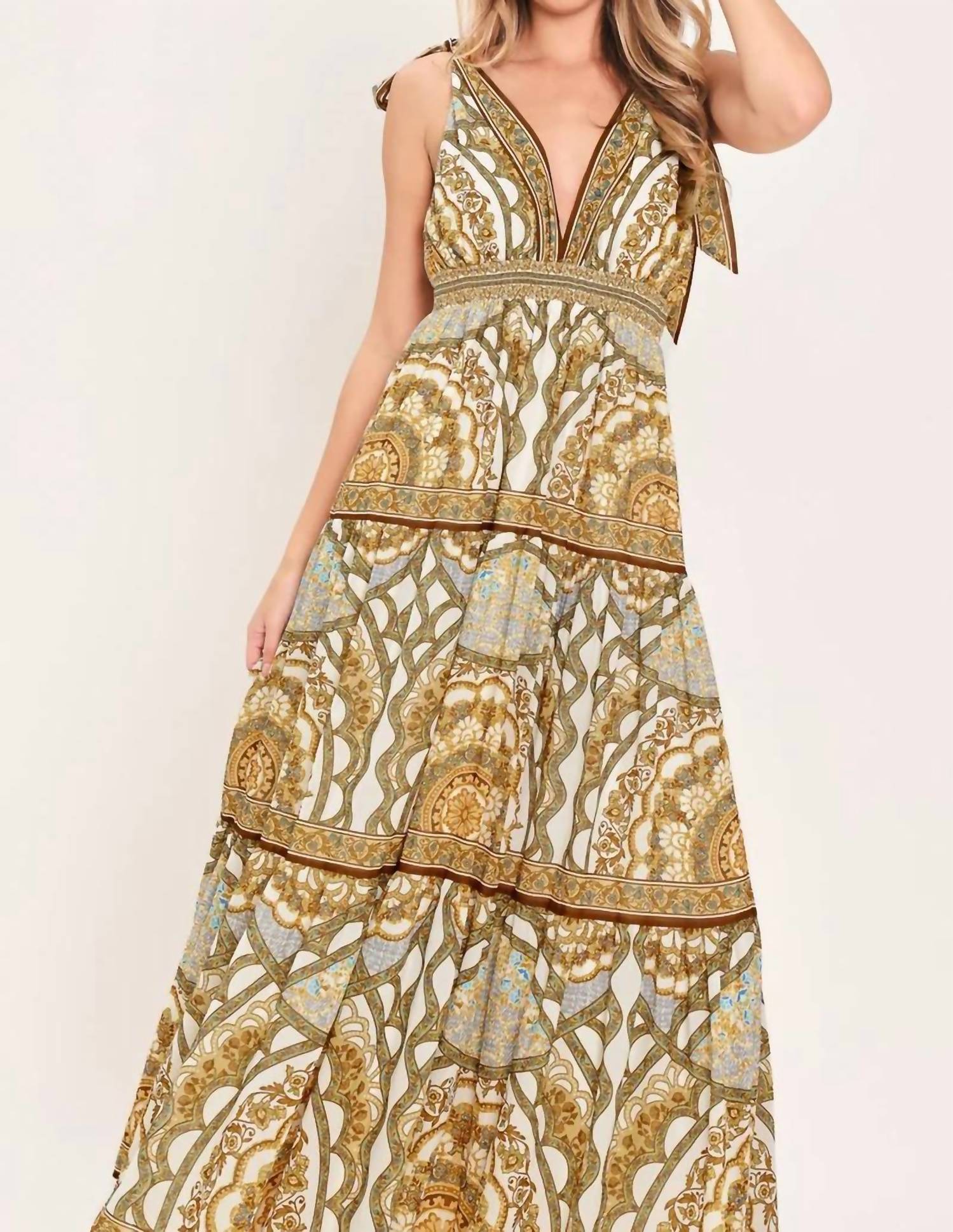 Flying Tomato - Boho Paisley Tie Shoulder Maxi Dress