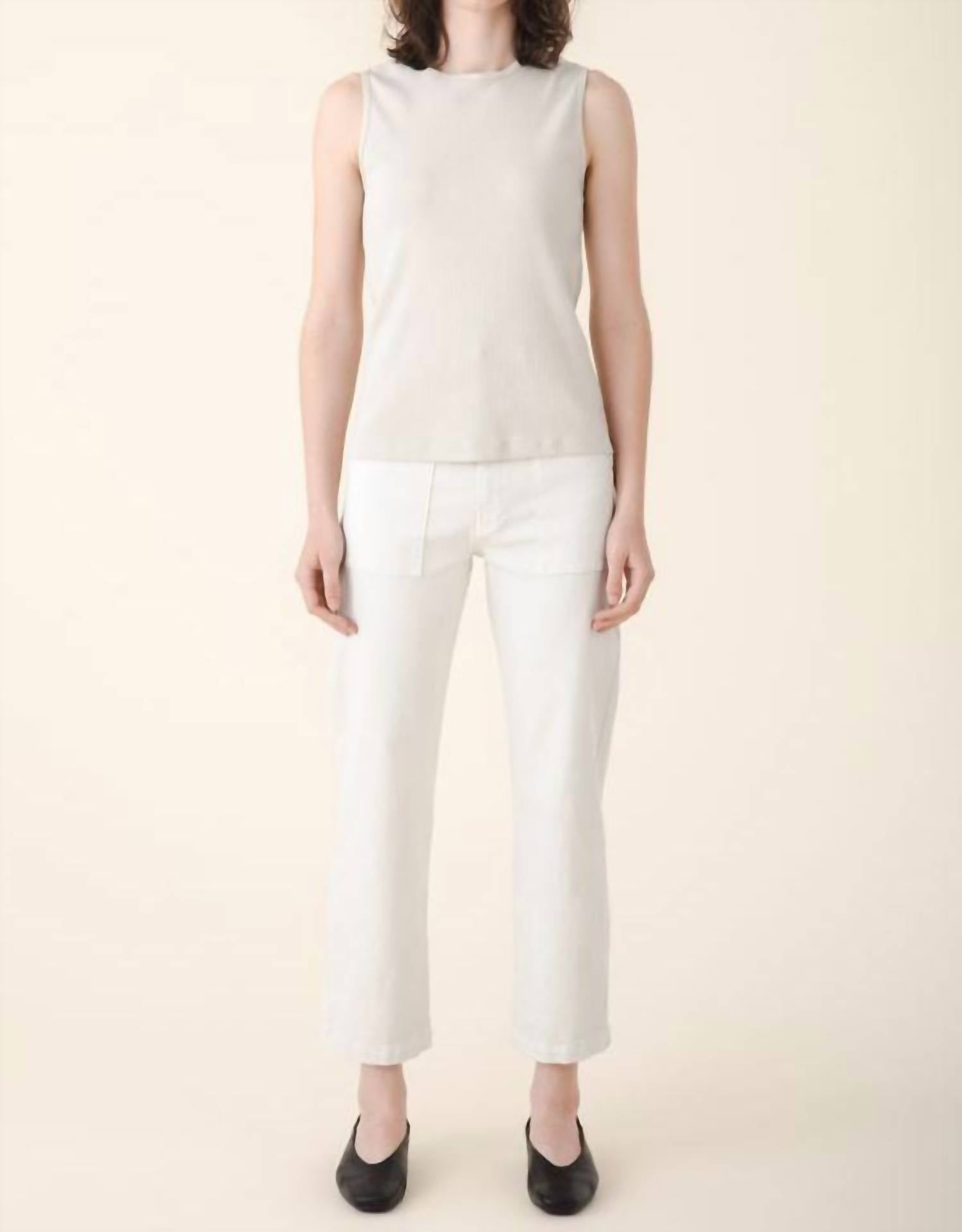 PRAIRIE UNDERGROUND Sleeveless Ribbed Crewneck Tee in oyster organic - women's tank top - detail view