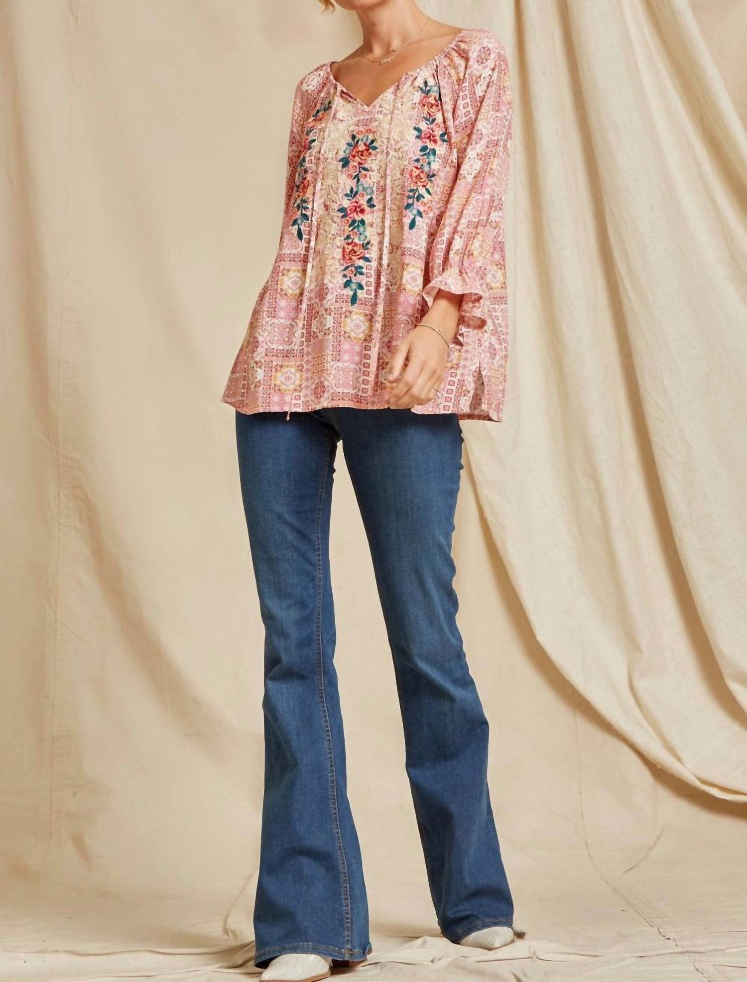 Andree By Unit - Aztec Embroidered Peasant Top