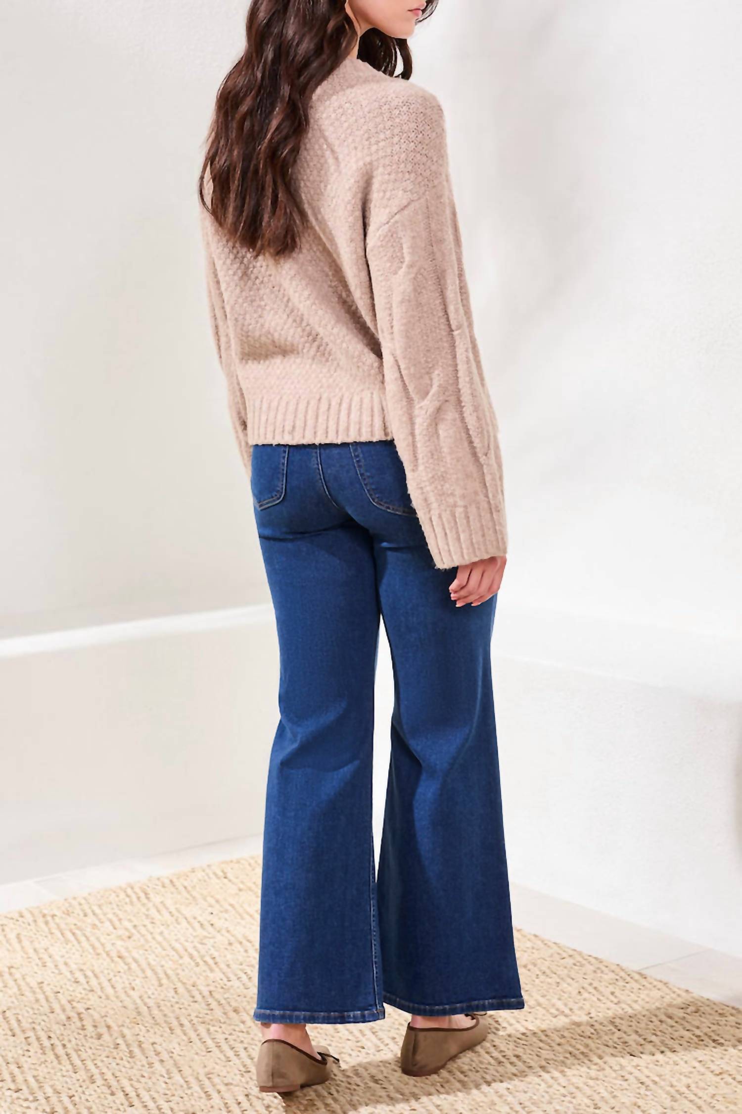 TRIBAL Crewneck Loose Fit Cable Sweater - Plus in heather almond latte - women's sweater - detail view