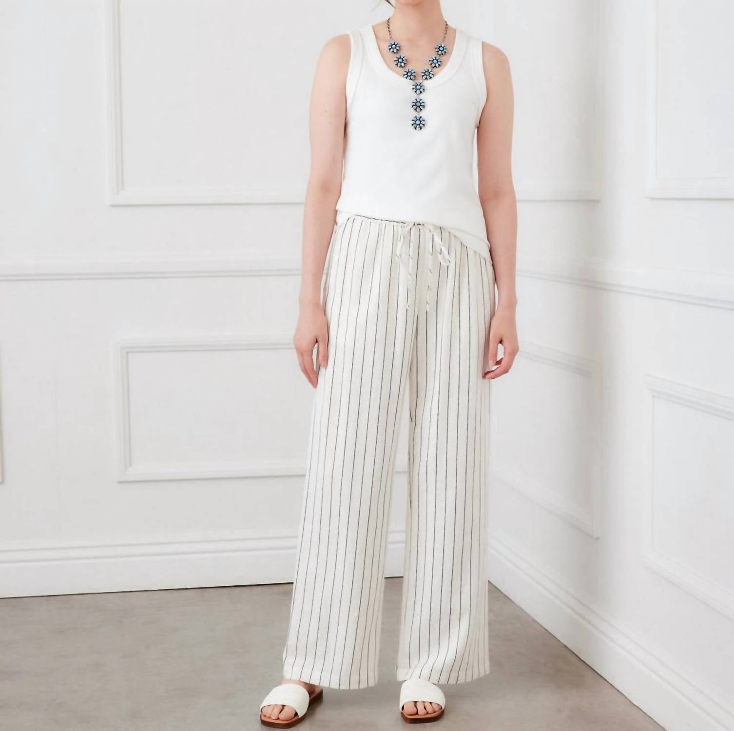 Karen Kane Linen Blend Stripe Drawstring Pants in cream and black - women's pants - view 5