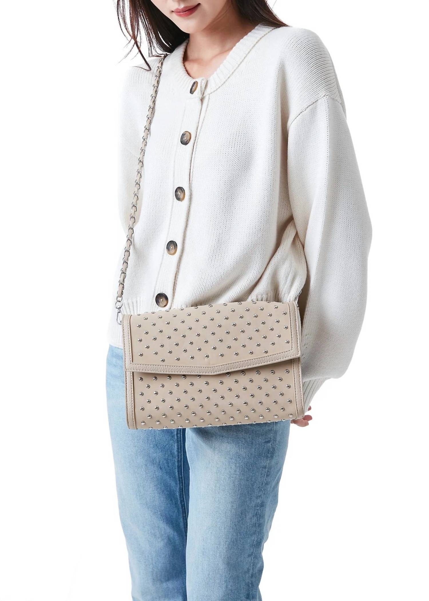 HAUTE SHORE Women's Beth Studded Suede Clutch Bag in wheat - women's bag - detail view