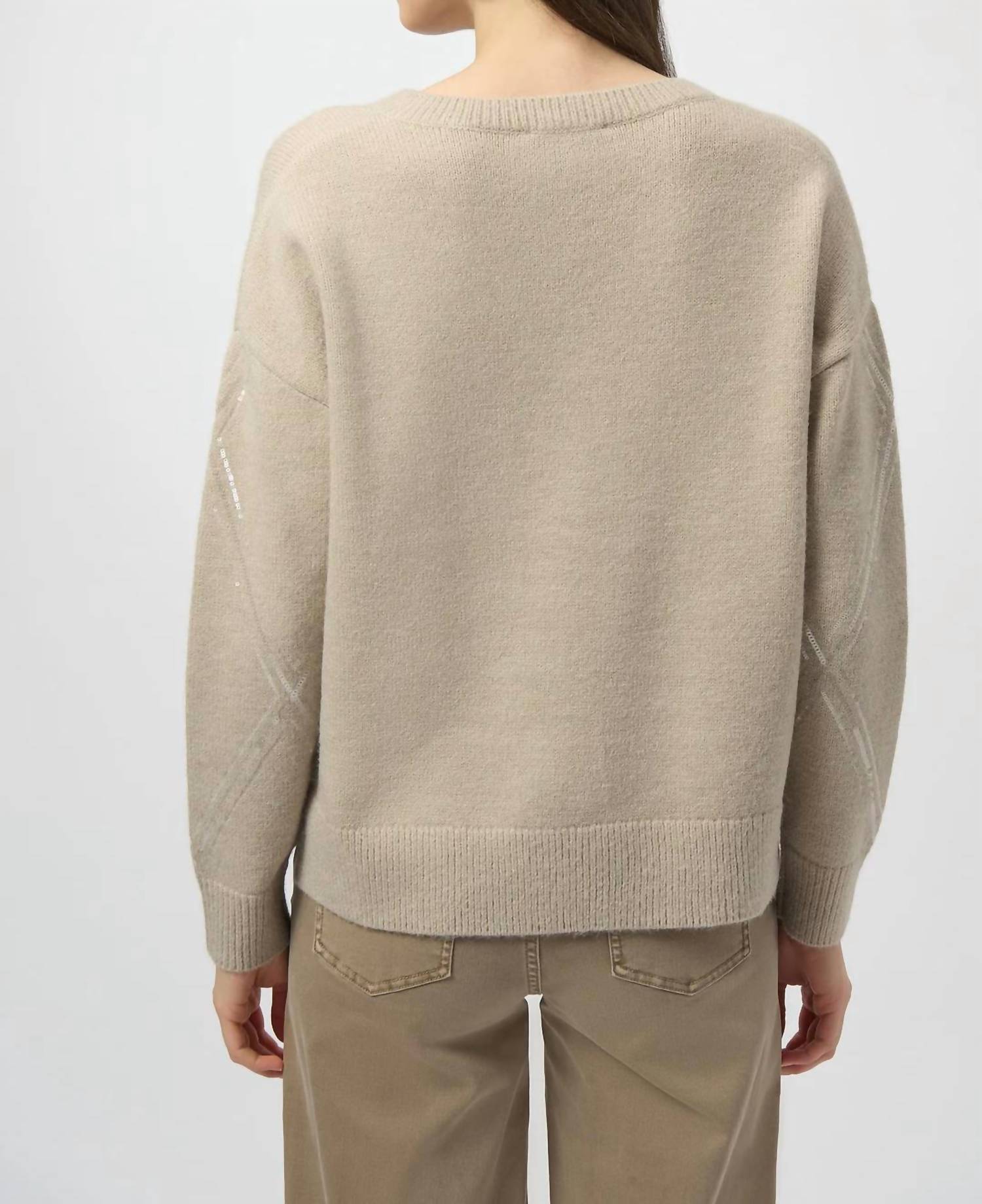 Joseph Ribkoff Sequined V-neck Pullover Sweater Top in oyster - women's sweater - detail view