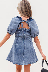 Threaded Pear - Celia Square Neck Bustier Puff Sleeve Short Denim Dress